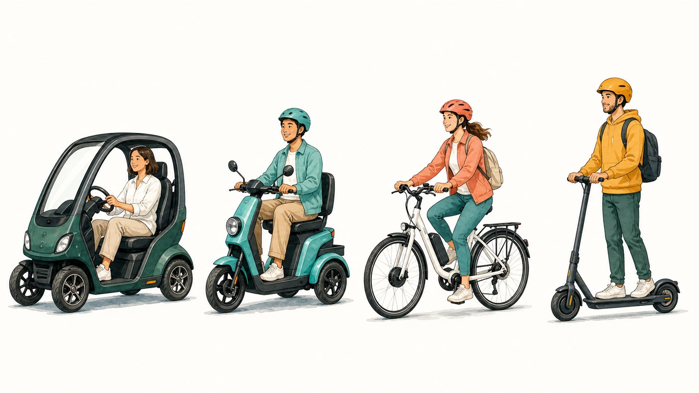 四輪、三輪、電動アシスト自転車、電動キックボードの違い