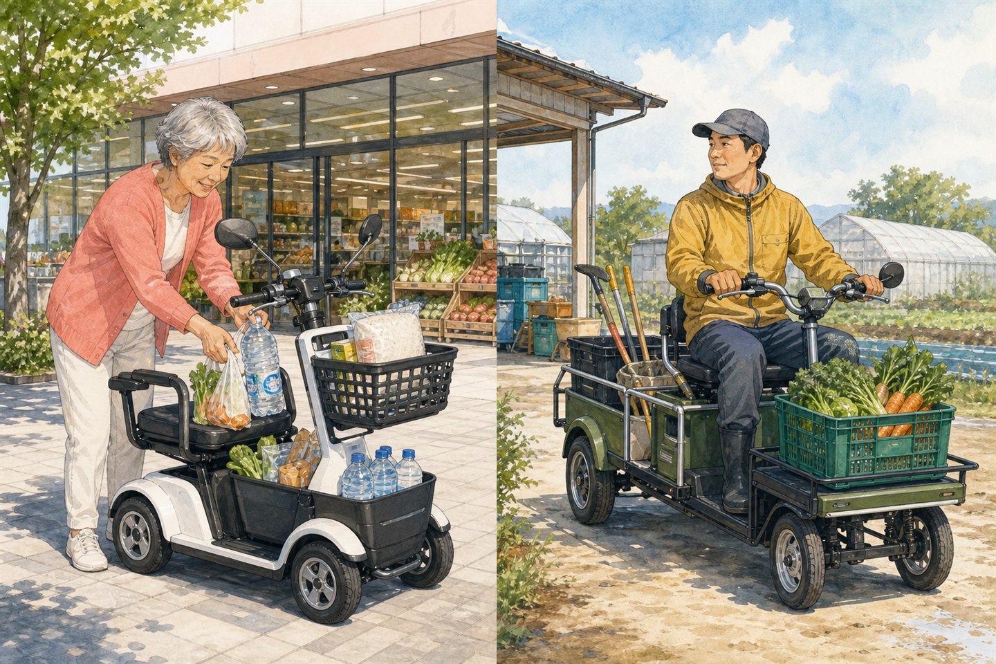 買い物や仕事で免許不要モビリティを利用するイメージ
