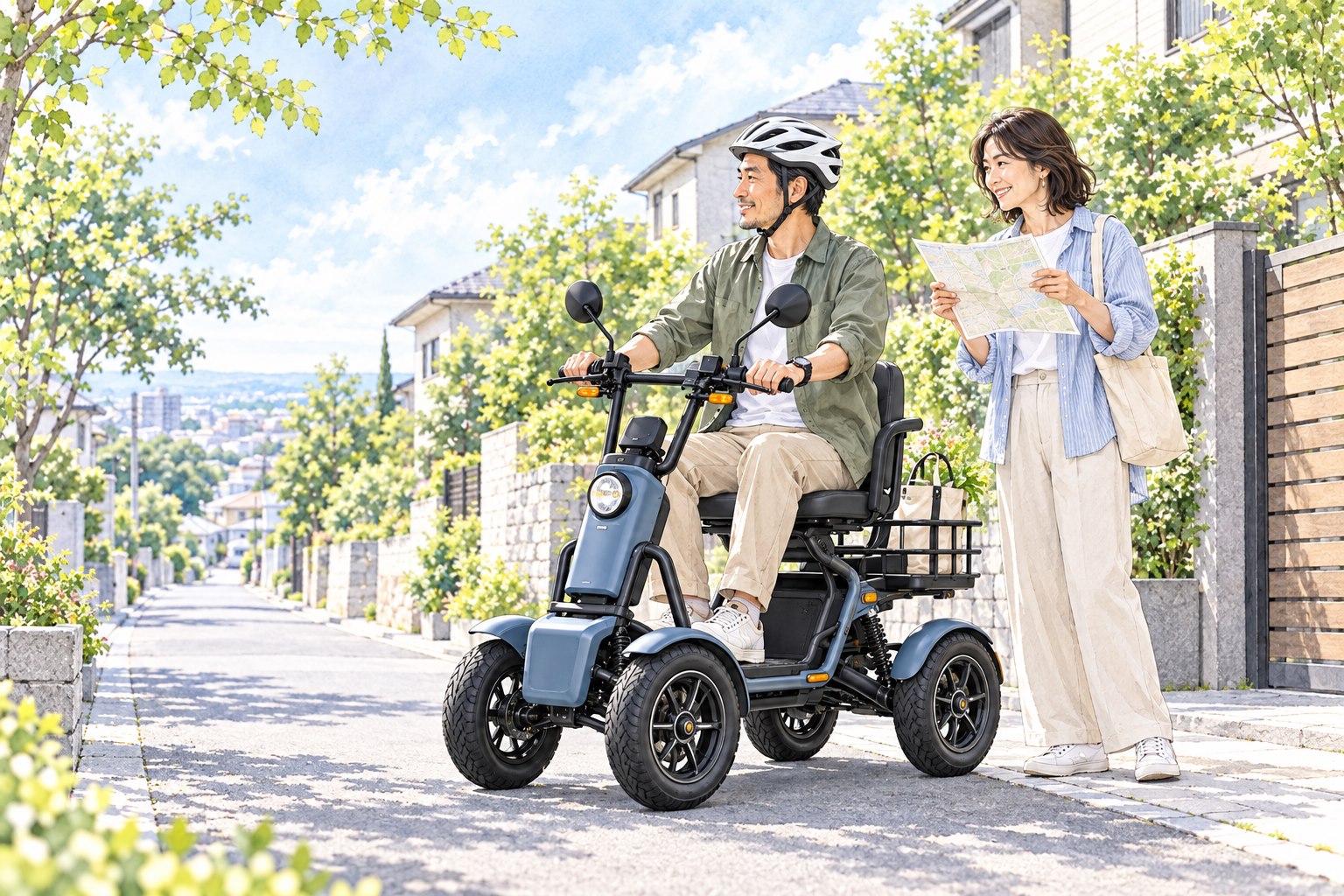 ヘルメットを着け、停車中の四輪車で出発前に経路を確認する大人