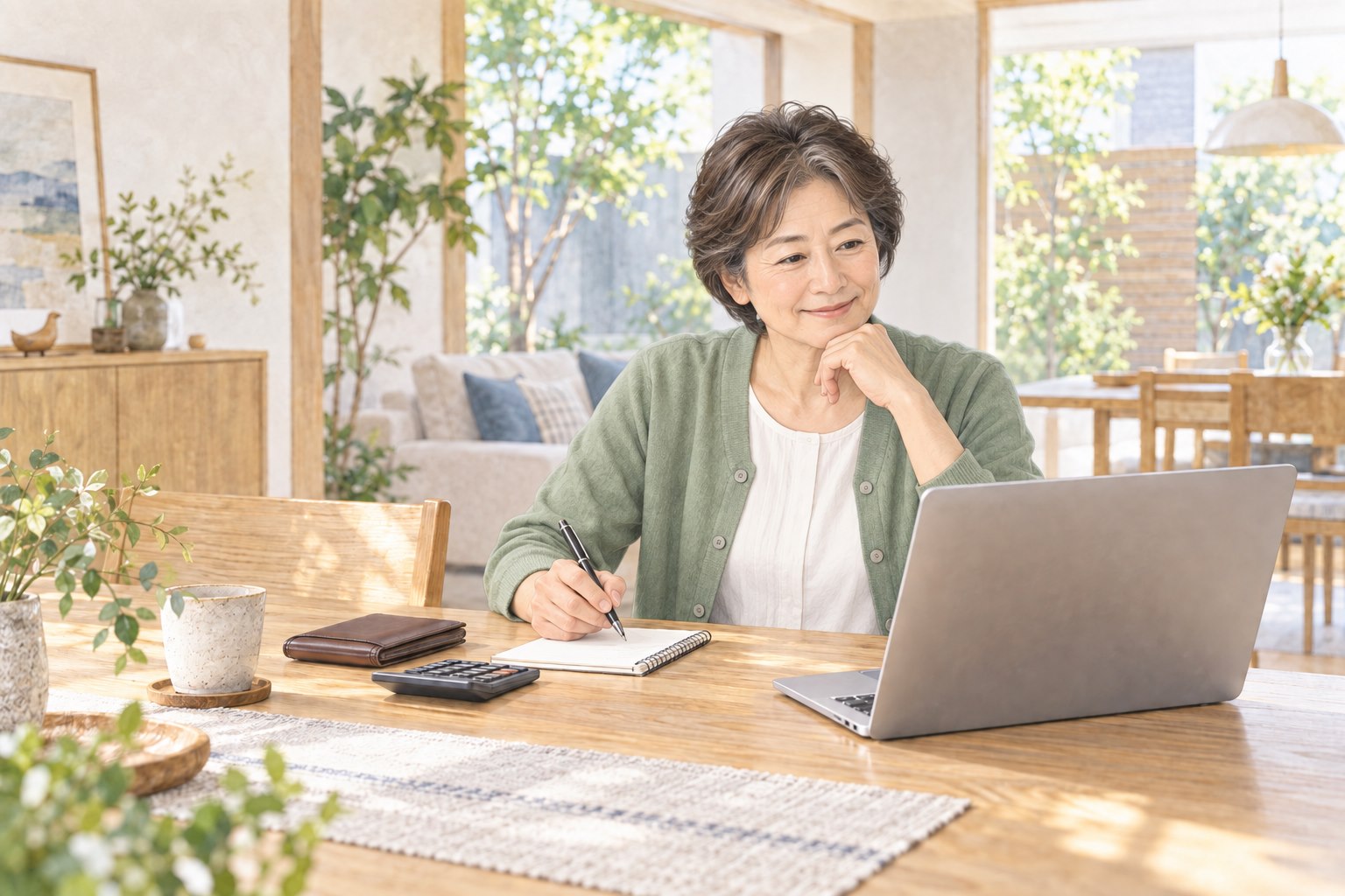 自宅でパソコンを見ながら購入予算を考える女性のイメージ