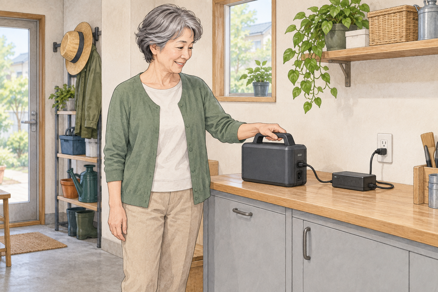 室内の乾いた場所で、取り外し式バッテリーと充電器を確認する女性のイラスト