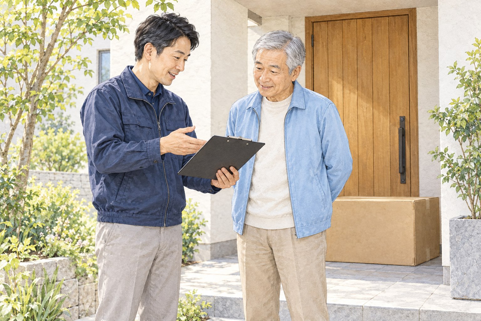 自宅の玄関先で納品の説明を受ける男性のイメージ