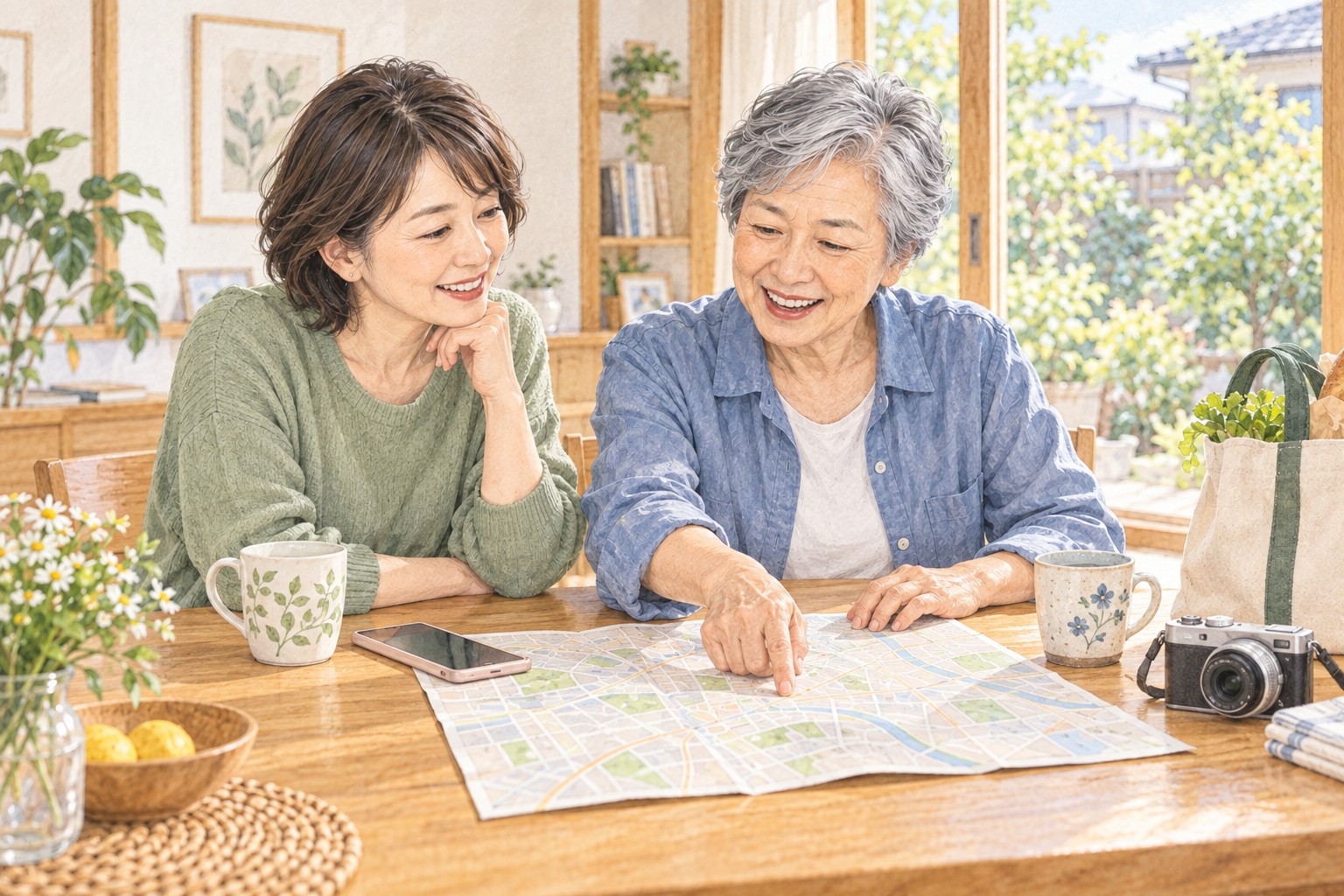 普段の行き先を地図で話し合うシニア女性と娘のイメージ