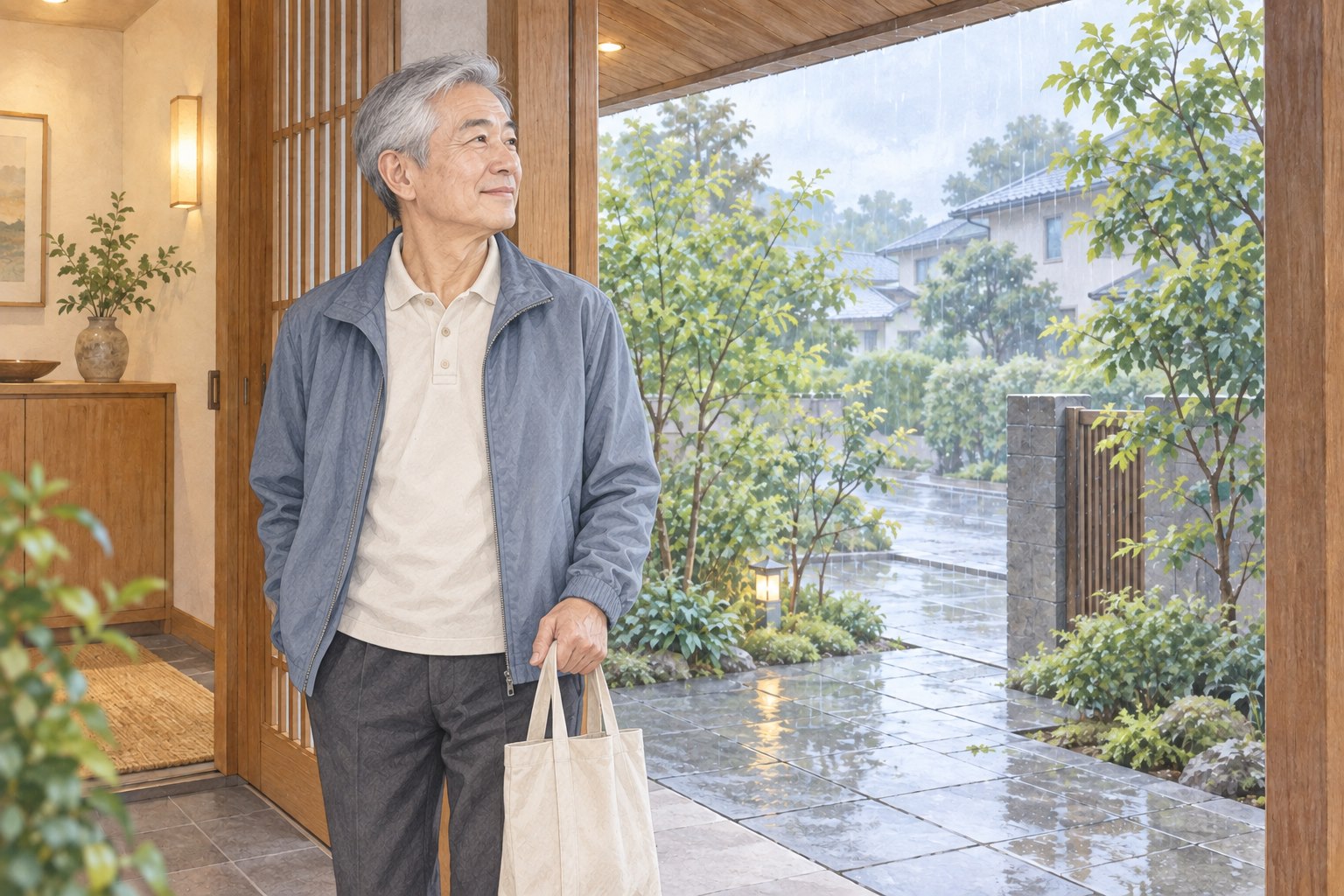 玄関先で小雨の様子を見ながら外出を考えるシニア男性のイメージ