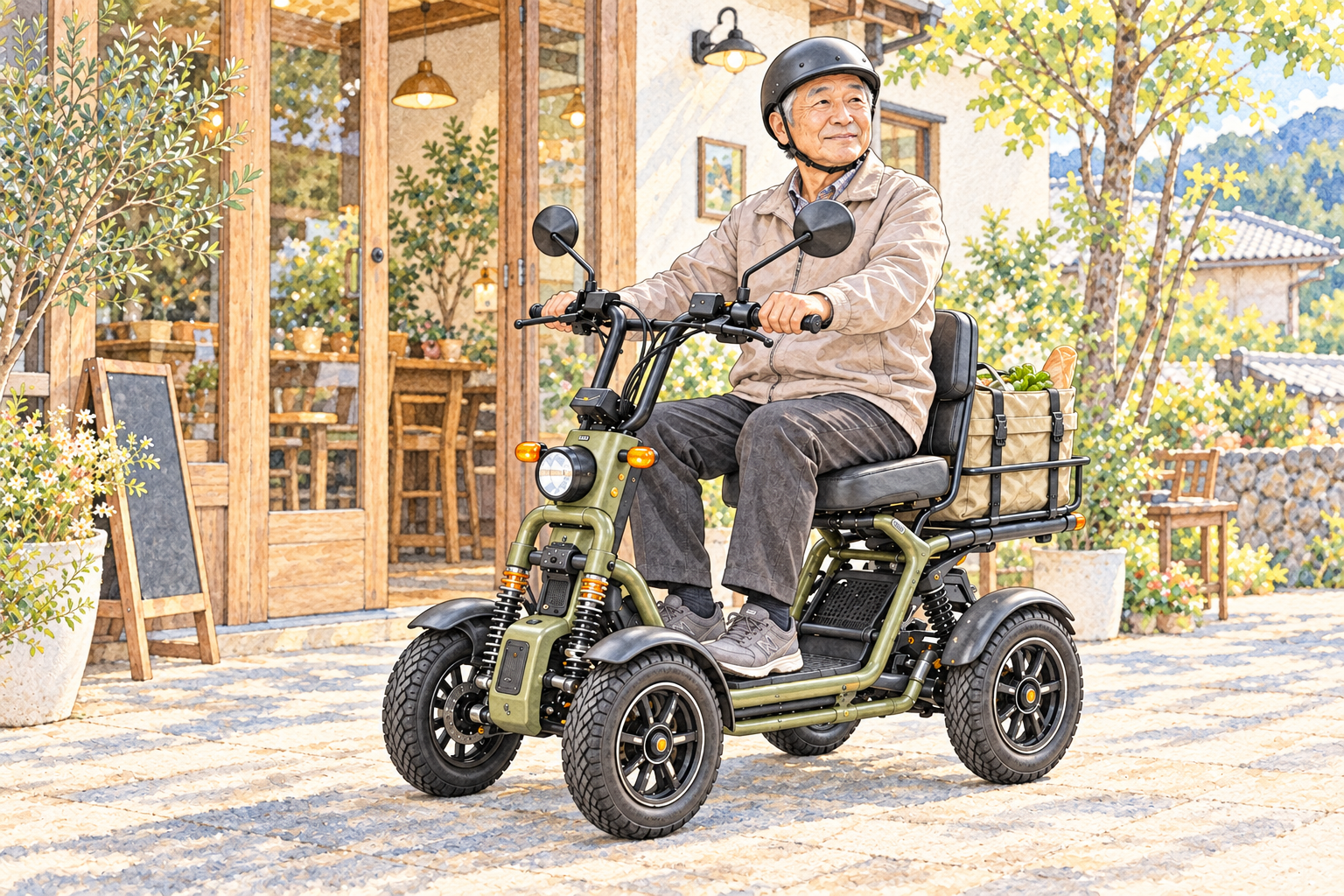私有地のカフェ前に停車した特定小型四輪のイメージ車両と、ヘルメットを着用したシニア男性