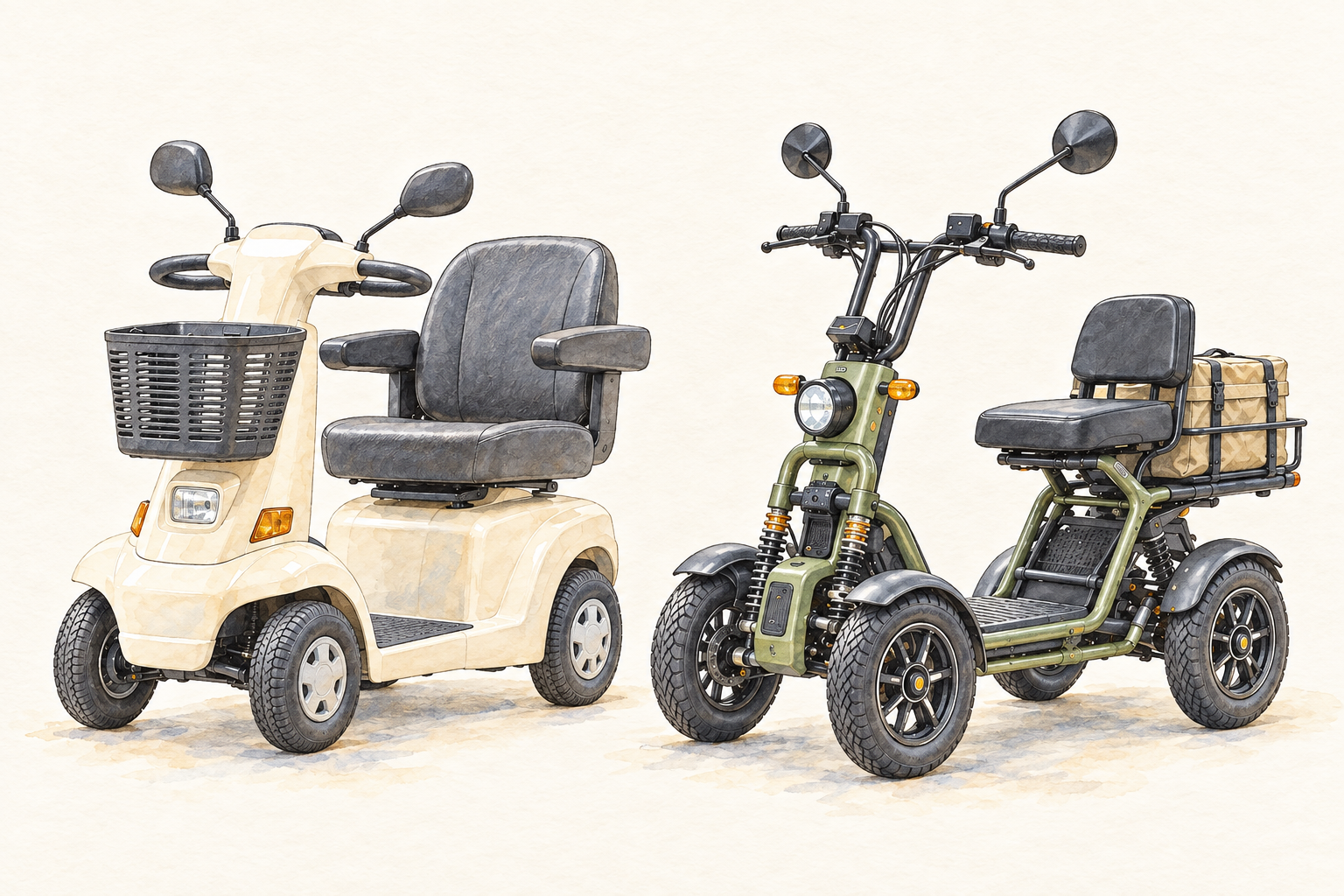 従来型シニアカーと現代的な特定小型四輪の比較イラスト